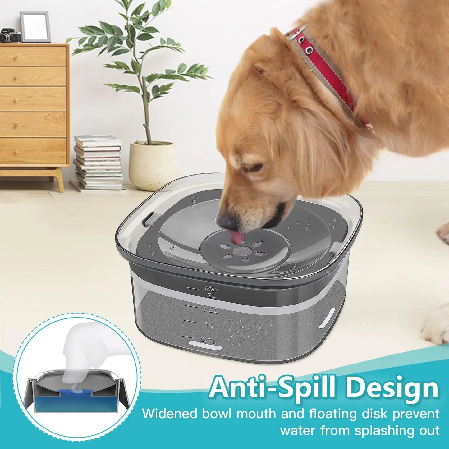 No Spill 2L Dog Water Bowl Large Capacity Spill Proof